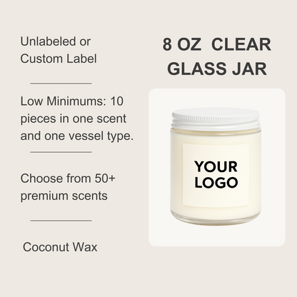 8 oz Clear Glass Jar White Lid Coconut Candle (Unlabeled or Custom Label)