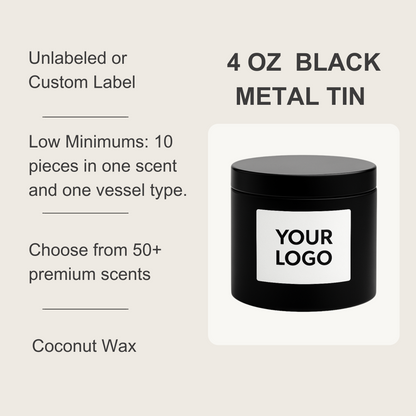 4oz Black - Straight Sided - Tin Coconut Candle (Unlabeled or Custom Label)
